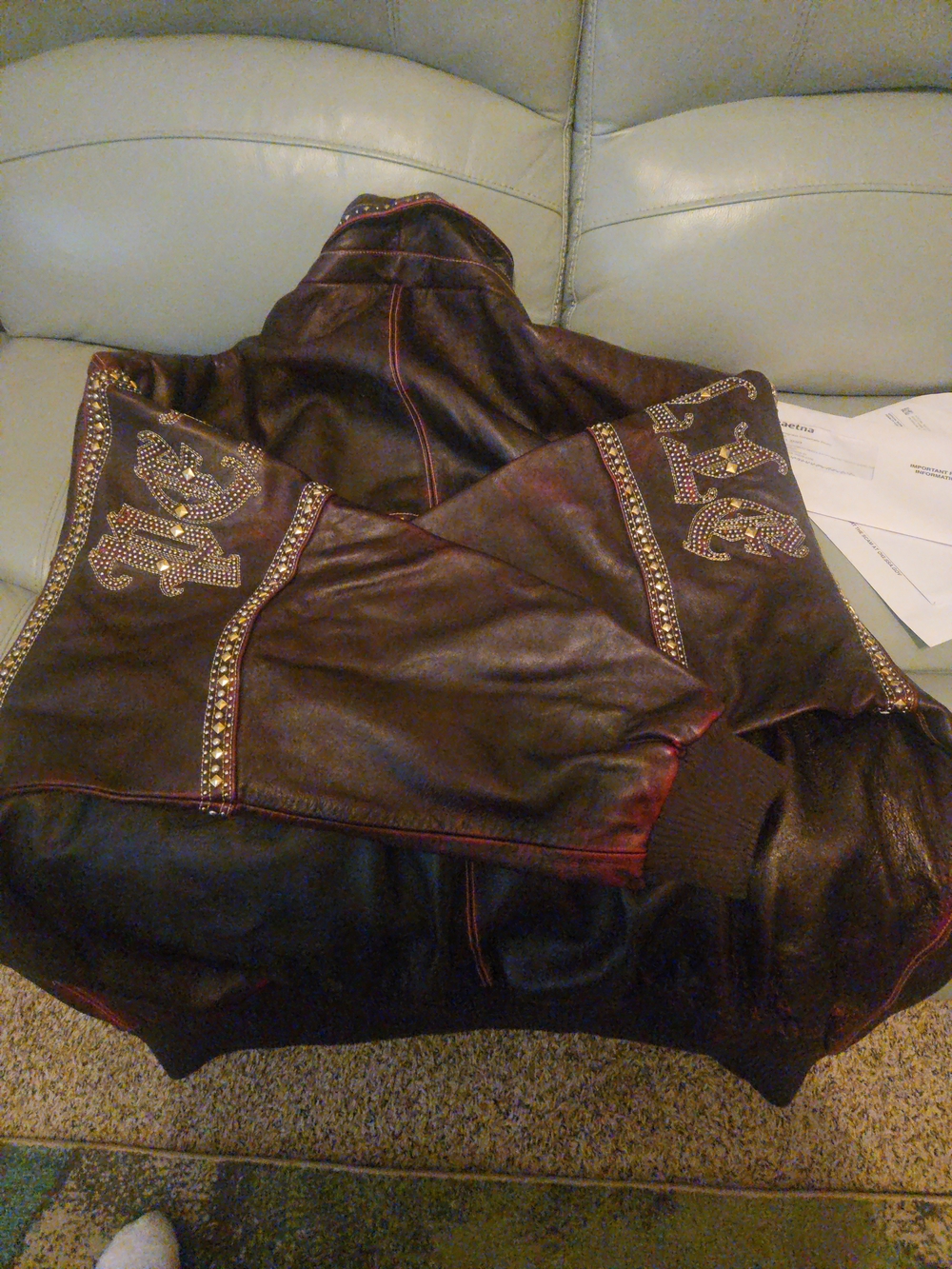Men's Dark Brown Stud-Embellished Leather Bomber Jacket